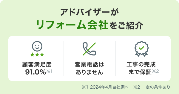 アドバイザーがリフォーム会社をご紹介 顧客満足度91.0% ※2024年4月自社調べ 営業電話はありません 工事の完成まで保証 ※一定の条件あり